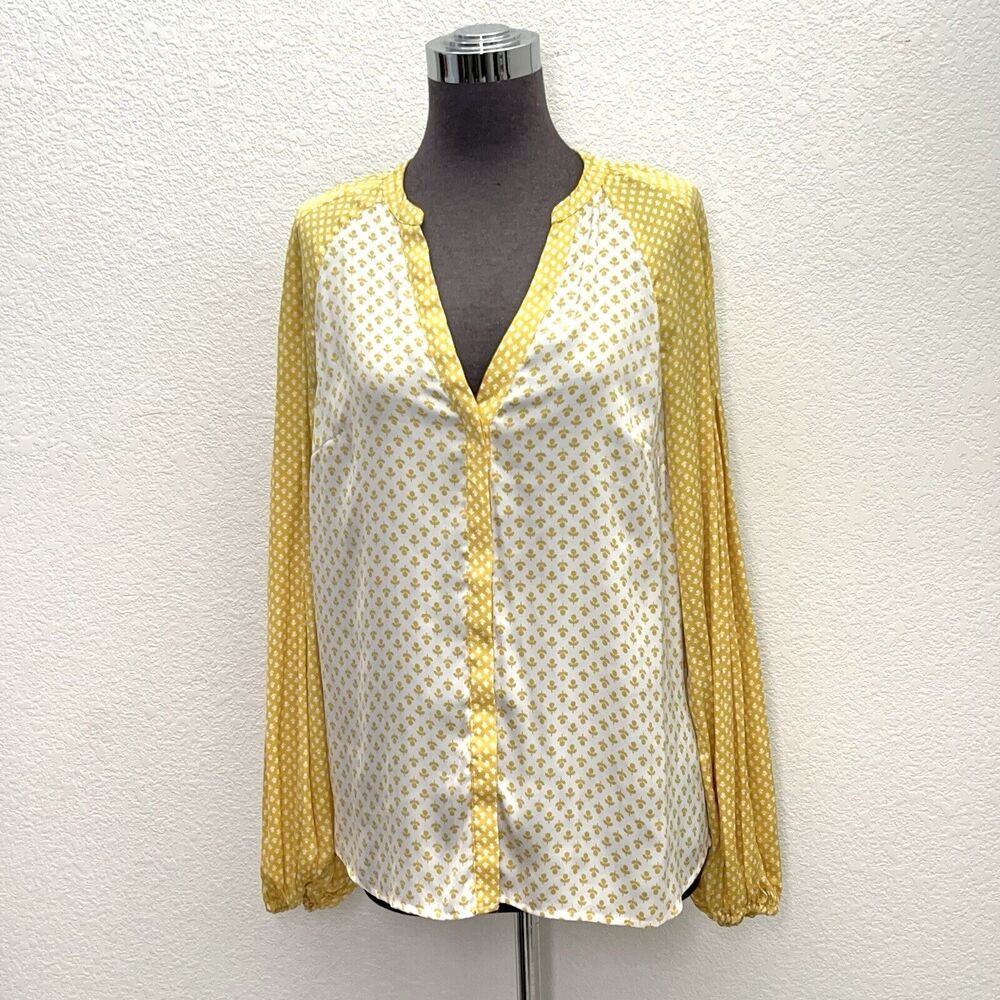 Boden Harriet Mix Print Button Up Top Women US 4 UK 8 Yellow Blouse Long Sleeve